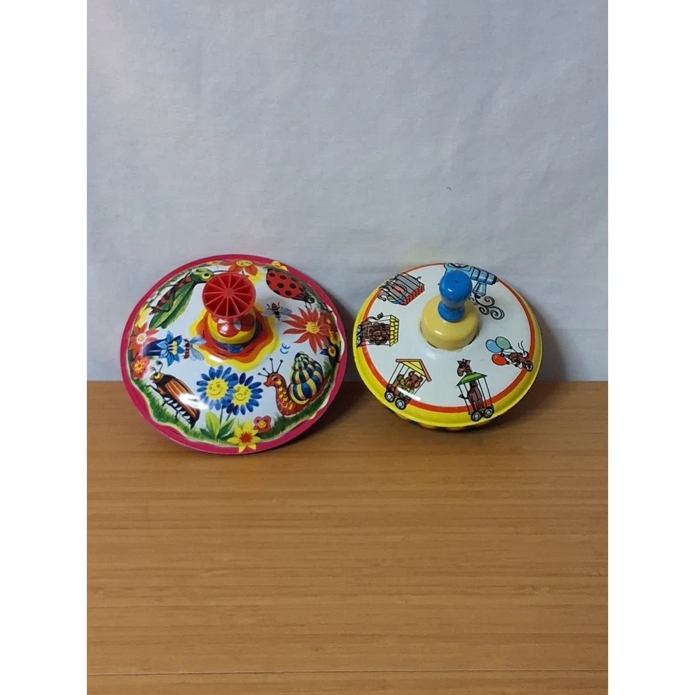 Vintage Pair Of Mechanical Tin Spinning Tops. Vibrant Colors GVC Lot Of 2 WORKS
